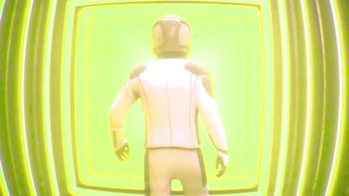 Man in white spacesuit enters green portal