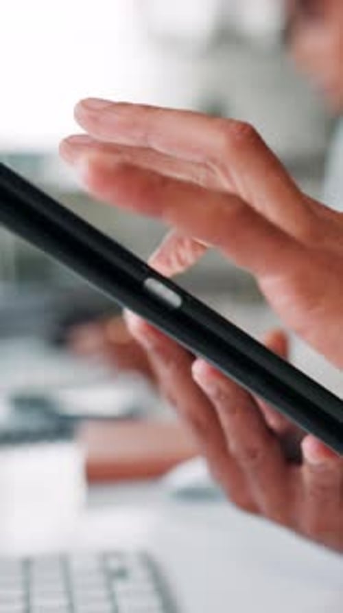 Businessman, hands or tablet in office for review, website scroll or search on internet