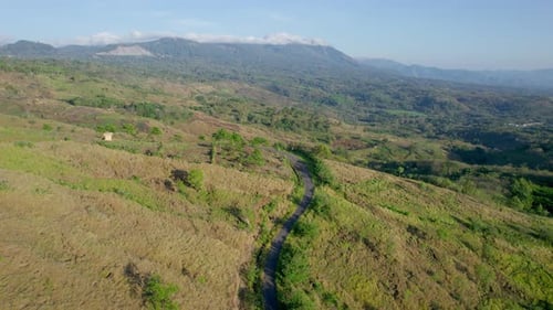 Cinematic Aerial of a Road Along a Forested Mountain Ridge