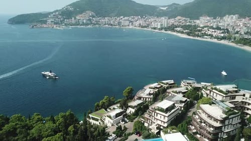 aerial seascape of Montenegro becici budva resort beach town on Adriatic Sea during a sunny day of s