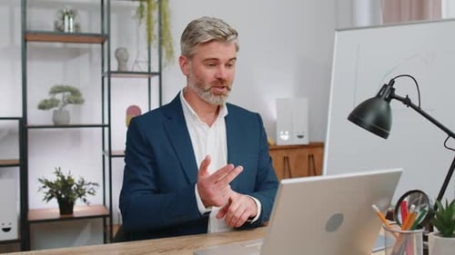 Businessman Working on Laptop at Office Talk on Online Communication Video Call with Employee Boss
