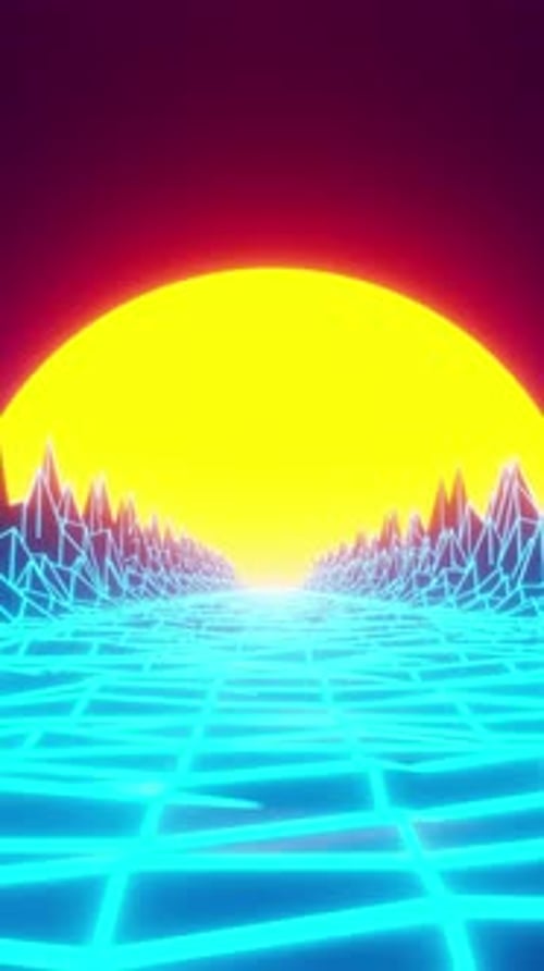 Retro Neon Grid Landscape with Synthwave Sun Journey Background