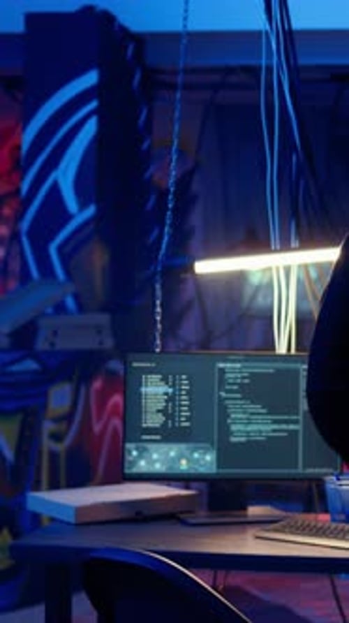 Vertical Video Cybercriminal Arriving in Underground Bunker