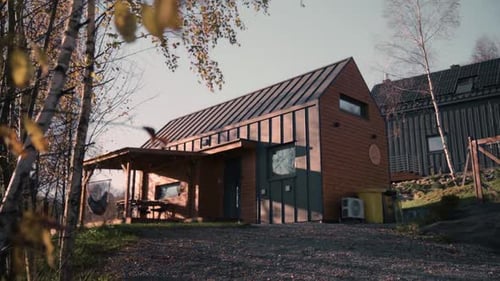 Modern wooden house in forest at sunset light