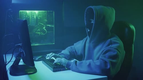 Hacker Rapidly Typing on Keyboard in Dark Room