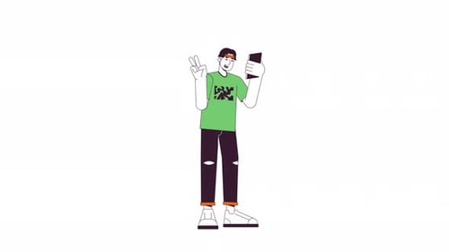 Animated Man Taking Selfie with Smartphone and Peace Sign