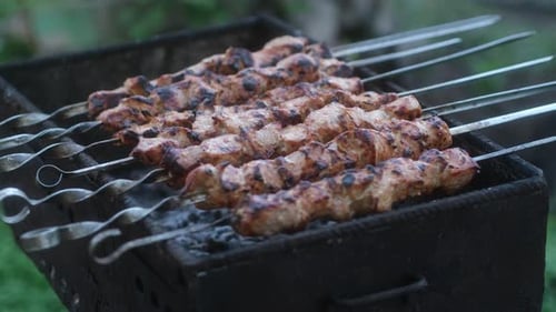 Grilled Meat Skewers on a Charcoal Grill