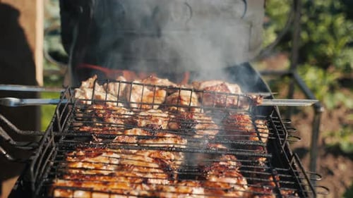 Braten von frischem saftigem Fleisch in brennender Holzkohle Feuer im Grillkorb