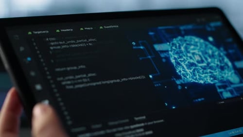 Data Center Technician Using Artificial Intelligence on Tablet Close Up