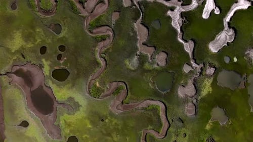 Aerial view of calming marshland, stream, and pond patterns. Cape Cod, USA.