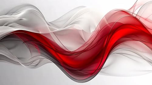Abstract flowing ribbons in red and gray. Dynamic fluid shapes