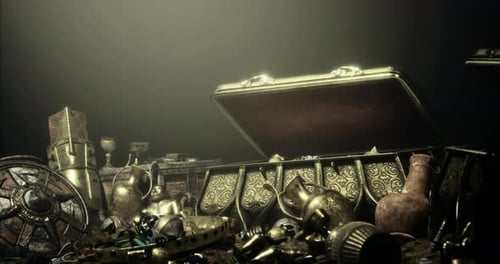 Realistic 3D Treasure Chest with Gold and Ancient Artifacts