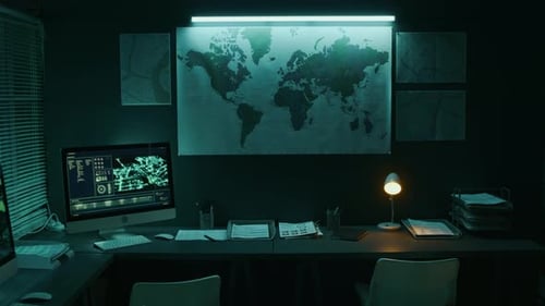 Lieu de travail d'un agent de renseignement avec cartes et programme de surveillance par satellite