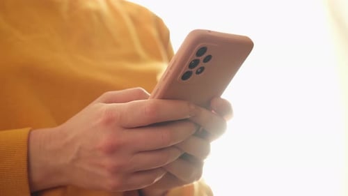 Woman Hand Holding Cell Phone Touch Screen Typing Scroll Page Using App Smartphone Mobile Phone