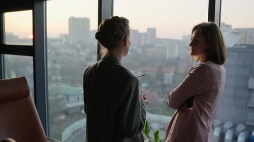 Two Middleaged Businesswomen in Business Uniforms Stand Near Panoramic Windows in a Modern Office