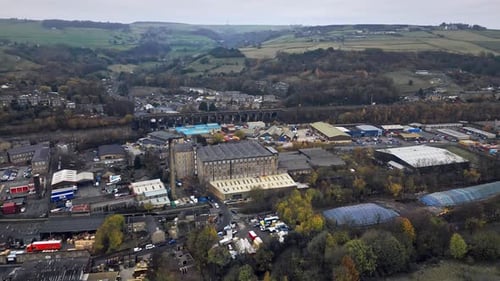 Working class Industrial town, village in the heart of the West Yorkshire Pennies Hills. Aerial view