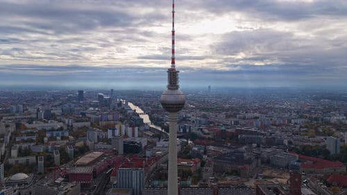 Spectacular Aerial View of Iconic Television Tower in Alexanderplatz Berlin Germany Urban Cityscape