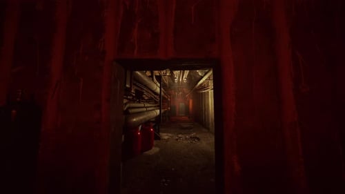 Dark Grungy Underground Bunker Tunnel Exploration with Pipes