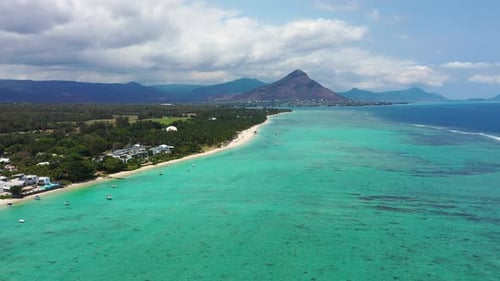 Mauritius, Black River, Flic-en-Flac, Aerial view of coastal beach in summer with Tourelle du Tamari