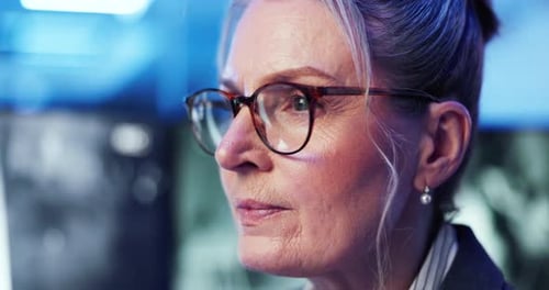 Cybersecurity, glasses and computer with woman in office for server, software encryption