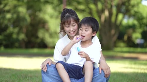 Smiling Woman and Child Blow Bubbles in Park