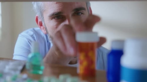 Man Reaches for Prescription Bottle in Medicine Cabinet