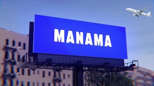 Panneau de la ville de Manama avec un panneau d'affichage de rue et un avion décollant en arrière-plan