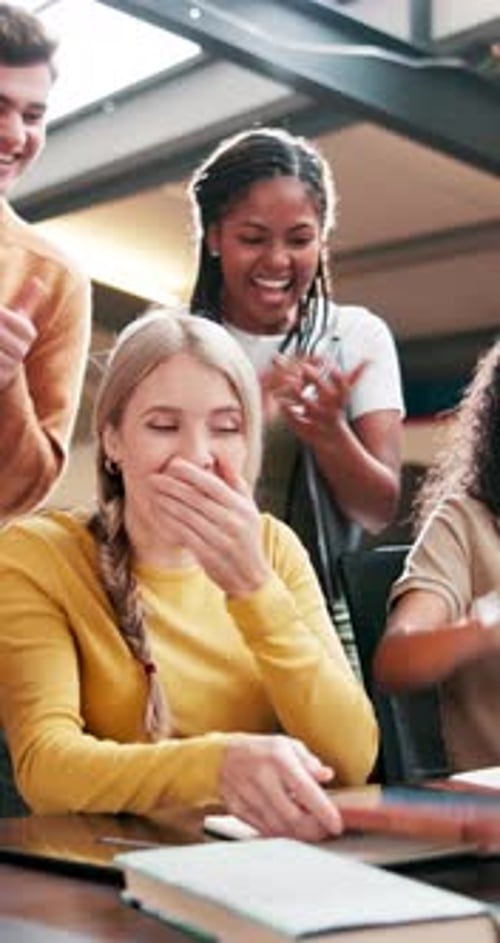 Excited, people and applause with tablet at campus for education, test or group project success