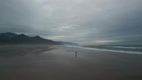 Wide Aerial Shot of Haystack Rock Beach in Coastal Town Cannon Beach Oregon