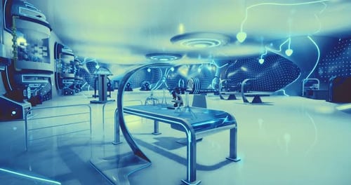 Futuristische Laborumgebung mit glühender Technologie und elegantem Design