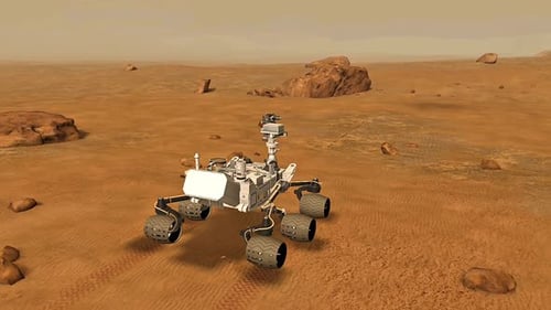 Mars Rover Exploring Red Planet and Firing Laser