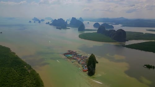 Picturesque Floating Village and Tropical Island Landscape