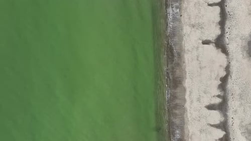 Aerial top down of green ocean water reaching sandy beach of Cape Cod, Massachusetts. Clear water of