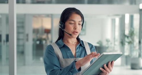 Woman, agent and tablet with headset for online sale, telemarketing or business in office