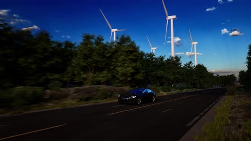 3D render of generic electric car drives on a Road with wind turbines in the background