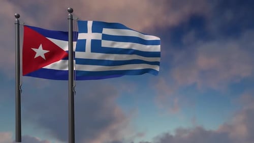 Waving Cuban and Greek Flags Against a Blue Sky