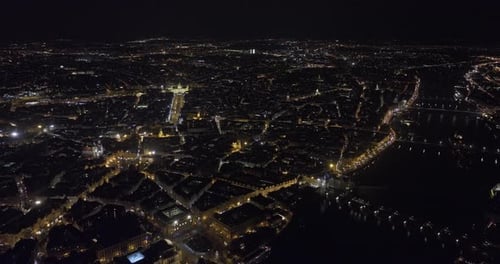 Prague Czechia Aerial v101 high altitude flyover Vltava river capturing panoramic views of night cit