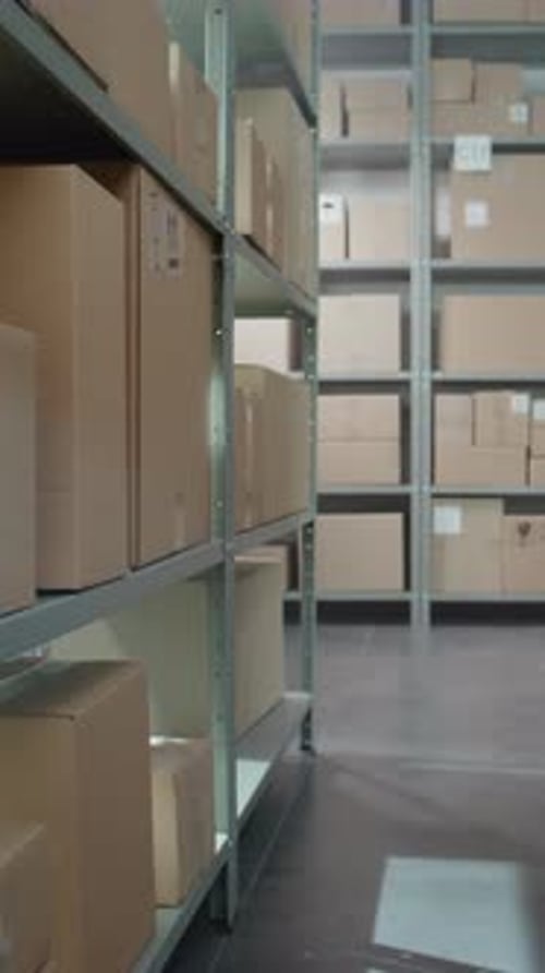 Centre de tri postal avec produits de commerce électronique dans des boîtes en carton sur des étagères