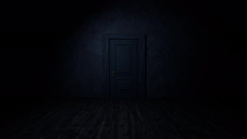 Glowing spheres filling dark room through open door