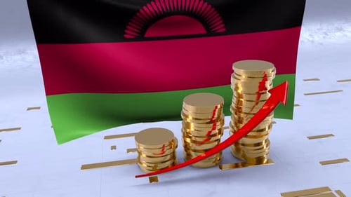 Malawi Flag With Gold Coins Tower And Up Arrow