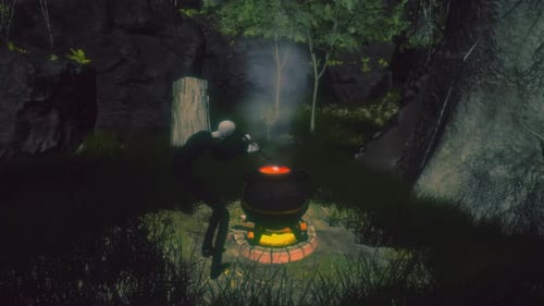 Black Magic : Wizard practicing Dark Magic & Rituals with a Cauldron