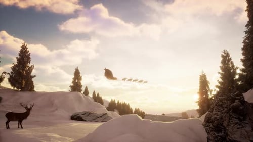 Santa Claus Flying Past Mountains And Forest At Dawn
