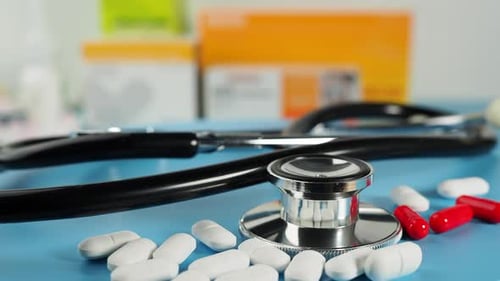 Stethoscope and Pills on a Blue Background