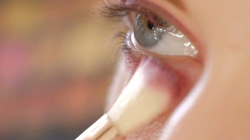 Makeup Artist Applying Eye Shadow Makeup to Model's Eye Close Up View Smoky Eyes Left View Slow