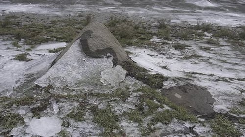 Diapositiva en cámara lenta del hielo que cubre hierba y rocas