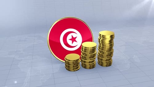 Tunisia Flag With Plain Gold Coins Tower