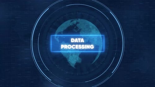 Interface HUD numérique de traitement des données avec réseau mondial rotatif et globe de cybersécurité