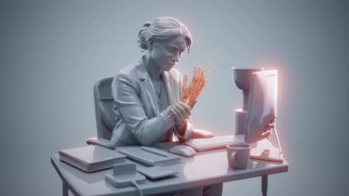 Conceptual 3D animation of an office woman suffering from wrist pain