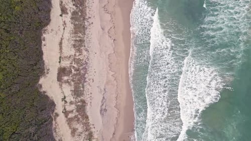Aerial View of Turquoise Waves Crashing on a Sandy Beach Surrounded By Lush Greenery in a Tranquil