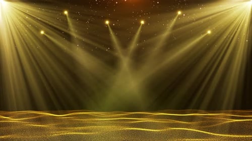 Elegant Golden Stage Background with Sparkling Spotlights and Waves